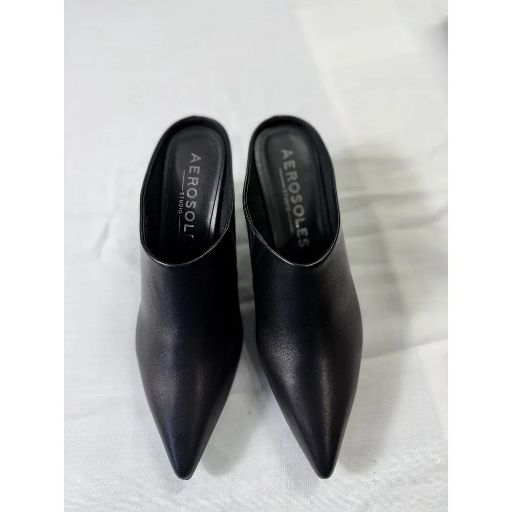 Aerosoles Black Leather Mule Heels Womens 7.5M Pointed Toe Slip On Shoes